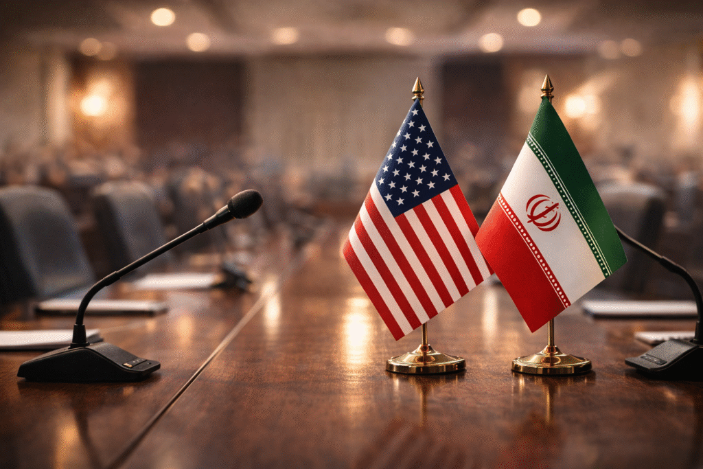 Two small folded desk flags of the United States and Iran beside microphones on a conference table in a blurred meeting room, symbolizing ongoing negotiations amid tensions.
