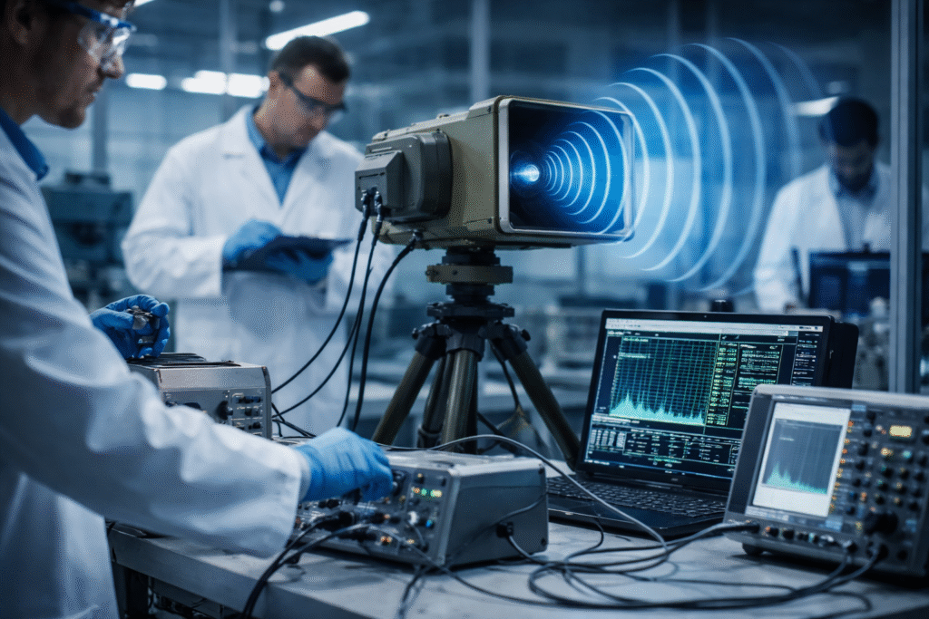 Scientists in a laboratory testing a directed energy microwave device connected to monitoring equipment and computers analyzing electromagnetic signal output.