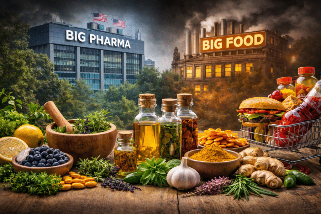 Fresh herbs, oils, fruits, and natural supplements displayed on a table, contrasted with processed foods like a burger and packaged items, with industrial buildings in the background symbolizing large food and pharmaceutical industries.