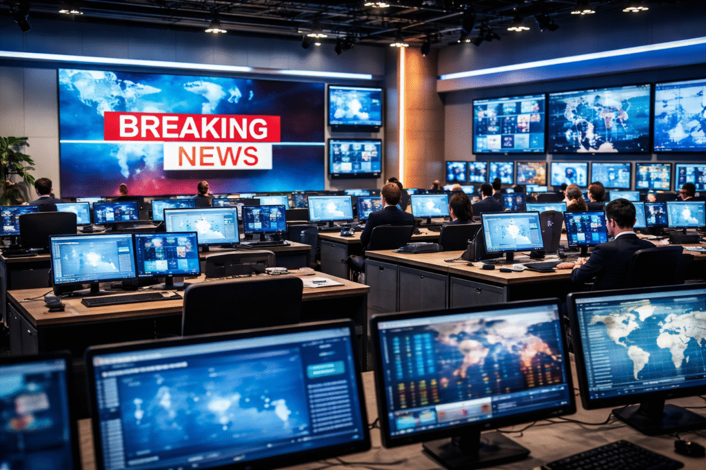 Modern television newsroom with desks, computer monitors, and large screens displaying broadcast feeds.