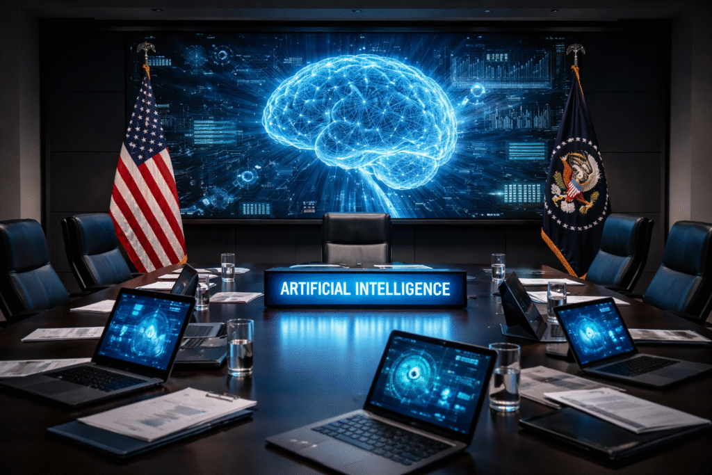 Modern government conference room with a long table, laptops and documents, large digital screen displaying a glowing neural network brain graphic, and U.S. flags in the background