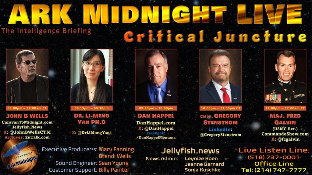 Promotional banner for Ark Midnight Live “The Intelligence Briefing – Critical Juncture” featuring host John B. Wells and guests Dr. Li-Meng Yan, Dan Happel, Cmdr. Gregory Stenstrom, and Maj. Fred Galvin with program times and contact information displayed.