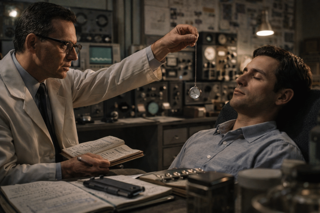 1960s psychology laboratory scene showing a researcher observing a volunteer participant during a hypnosis experiment in an academic research setting.