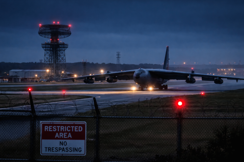 B-52 bombers parked on a military airbase at dusk with radar equipment and security perimeter visible under low light conditions.