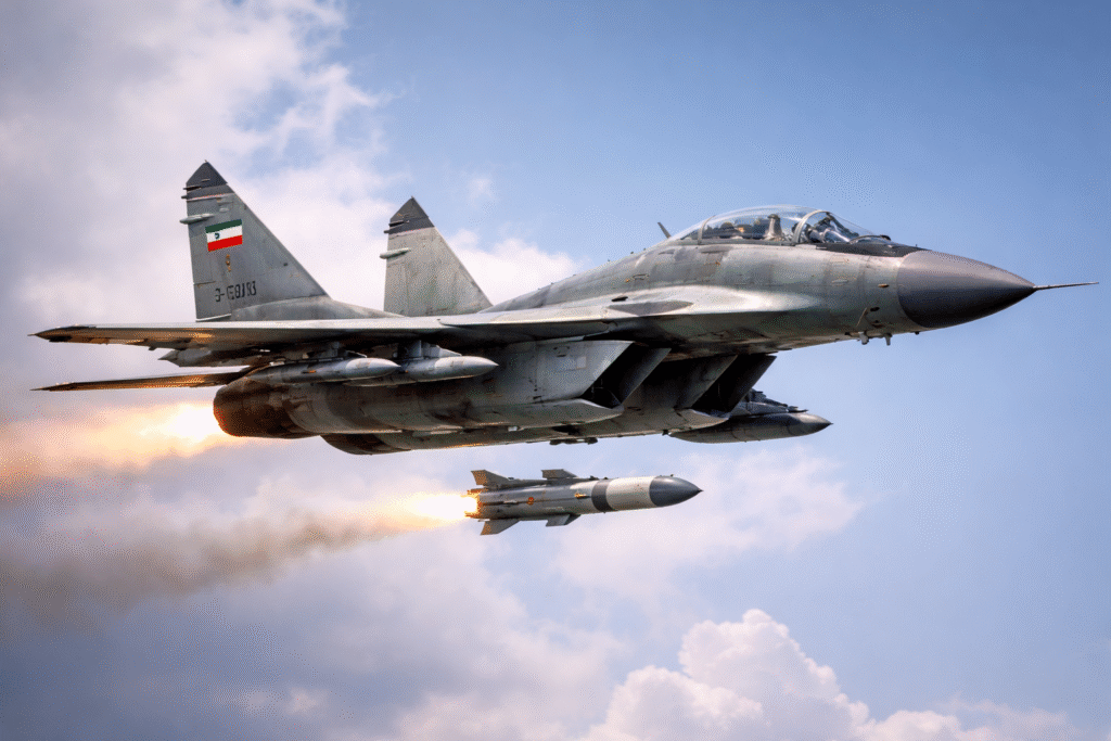 Photograph of a military fighter jet in flight, viewed from below against a clear sky, representing reports of an Iranian MiG-29 engaging an Israeli F-15 in an aerial encounter.