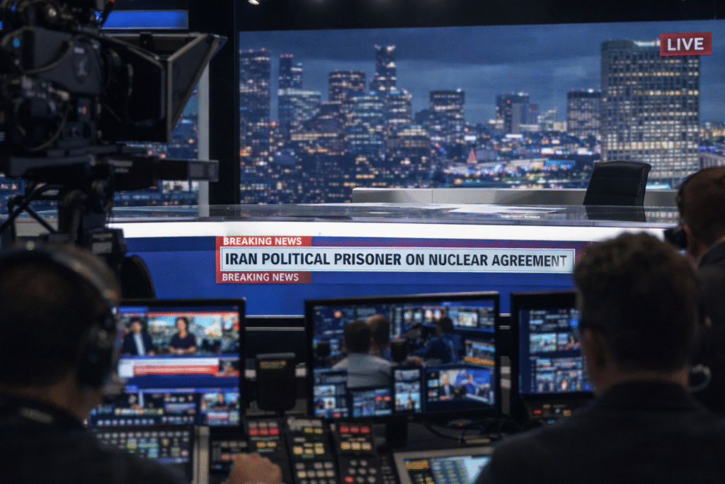 Empty television news studio with anchor desk, broadcast cameras, and control room monitors visible during a live production setup.