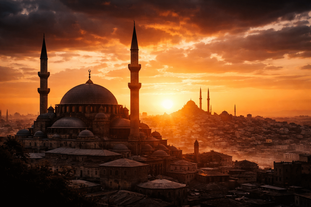 Photograph of a historic city skyline with a mosque silhouette against a dramatic sunset, symbolizing debate over political influence and cultural tensions in society.