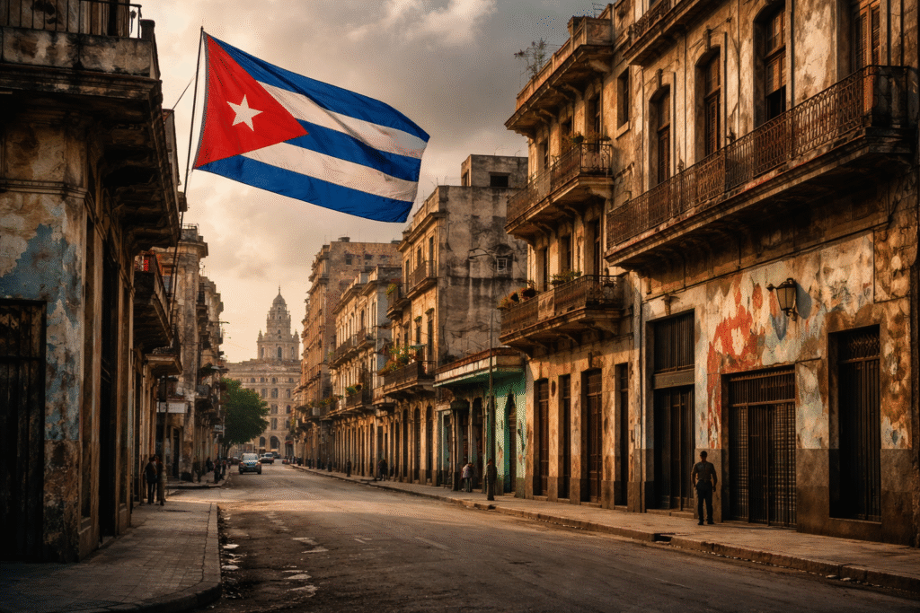 ALT text: Weathered buildings in Havana with a Cuban flag flying above a street, symbolizing political and economic strain in modern Cuba.