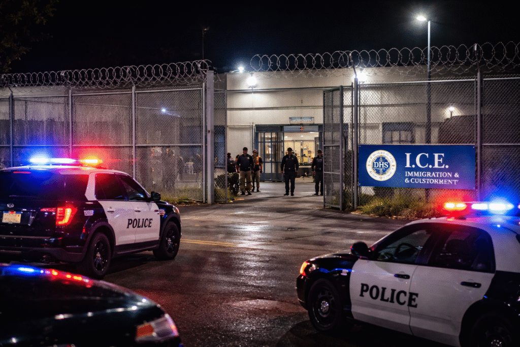 Police vehicles and security fencing outside an ICE detention facility, symbolizing a violent attack and federal convictions related to the case.