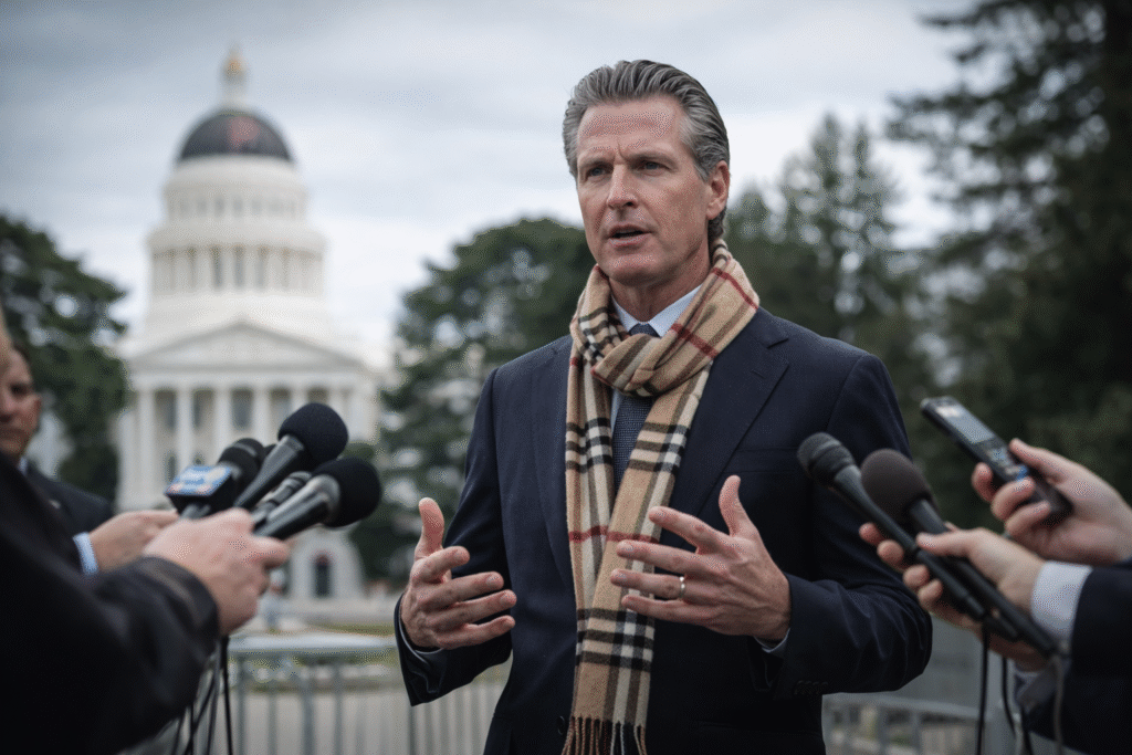 Governor Gavin Newsom speaking to reporters outdoors in front of a government building, wearing a suit and scarf while microphones are held toward him