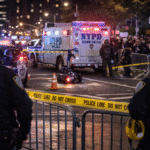 NYPD officers securing a protest scene in New York City with police tape and emergency lights after an explosive device incident.