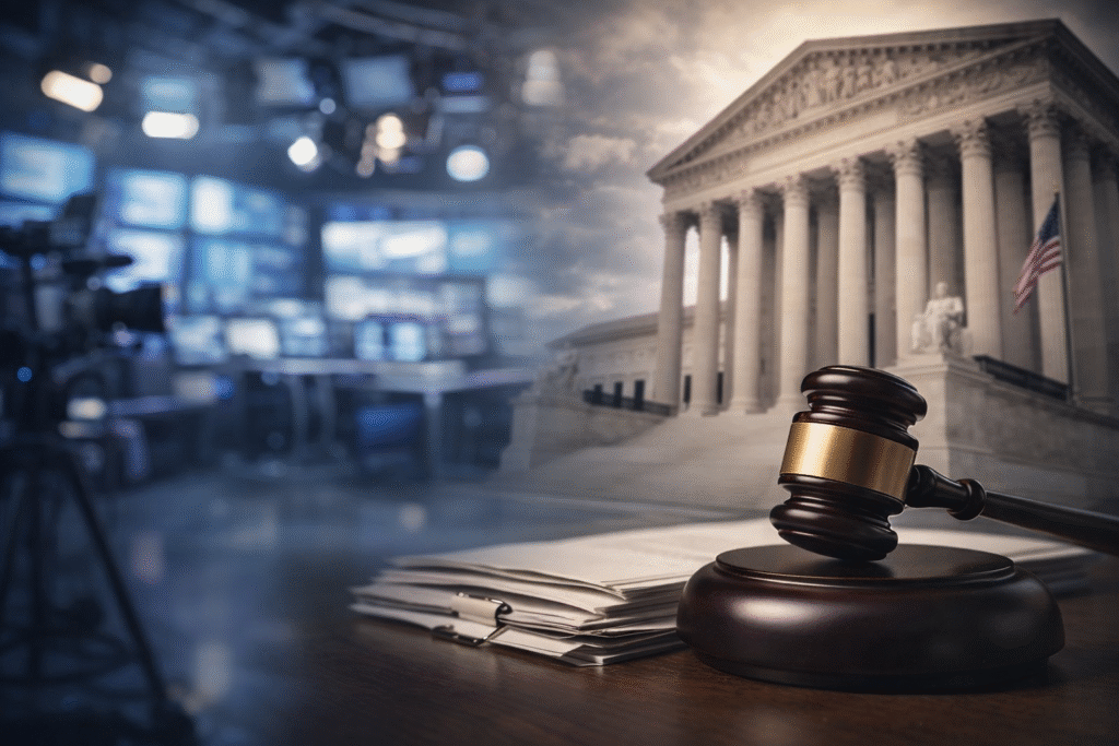Modern newsroom environment combined with a U.S. courthouse and legal documents, symbolizing a high-profile media lawsuit dispute.