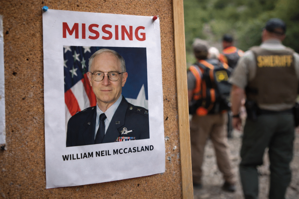 A missing persons poster placed on a community bulletin board showing a photo of retired Air Force Maj. Gen. William Neil McCasland, with search volunteers and law enforcement in the background.