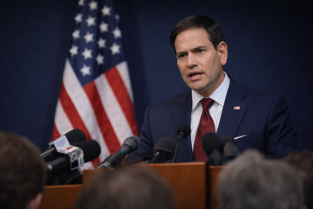 U.S. Secretary of State Marco Rubio speaking at a press briefing with a U.S. flag behind him and reporters in the foreground, addressing questions about the Iran conflict.