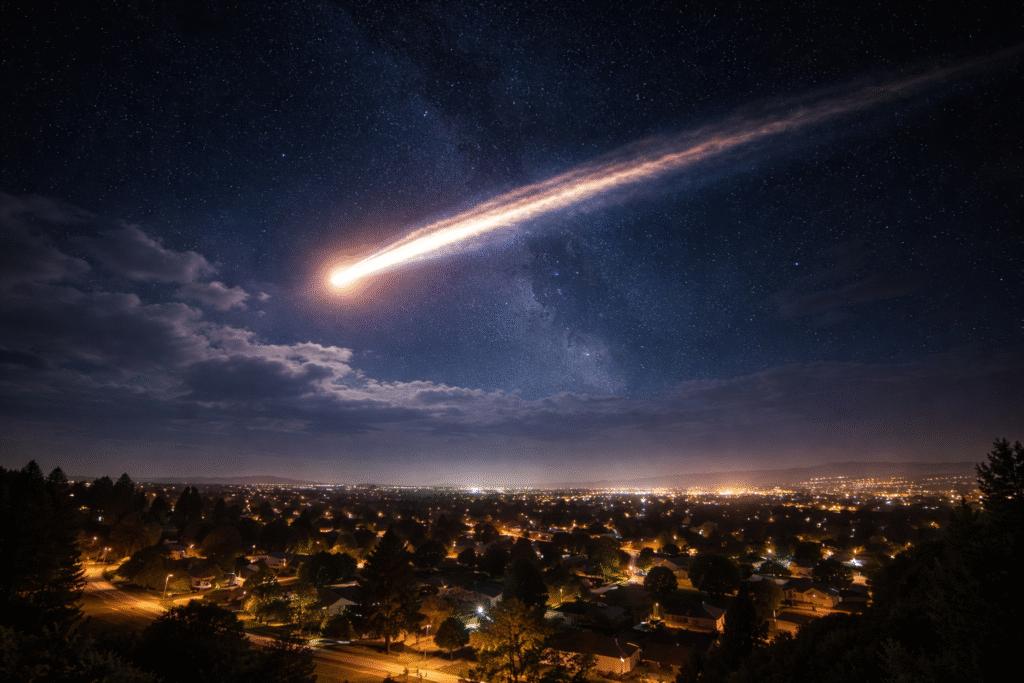 Bright fireball streaking across the night sky over a suburban area with a glowing trail visible above city lights.