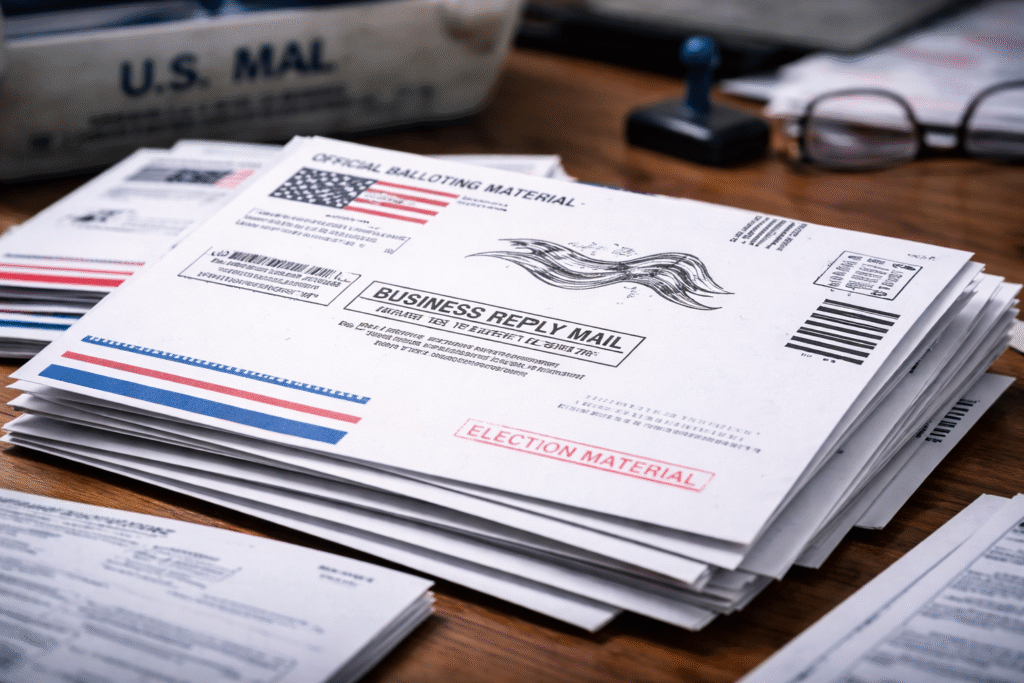 Stack of mail-in ballots and envelopes on a table with postal markings, symbolizing vote-by-mail processing and election investigation.