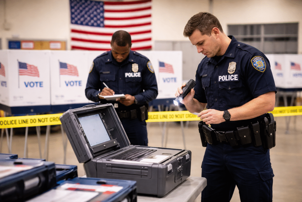 Police officers investigating voting equipment inside a polling station, symbolizing an election-related theft case.