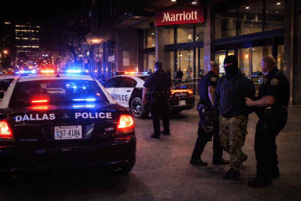 Dallas police vehicles with flashing lights outside a hotel entrance following the arrest of a masked man carrying ammunition.