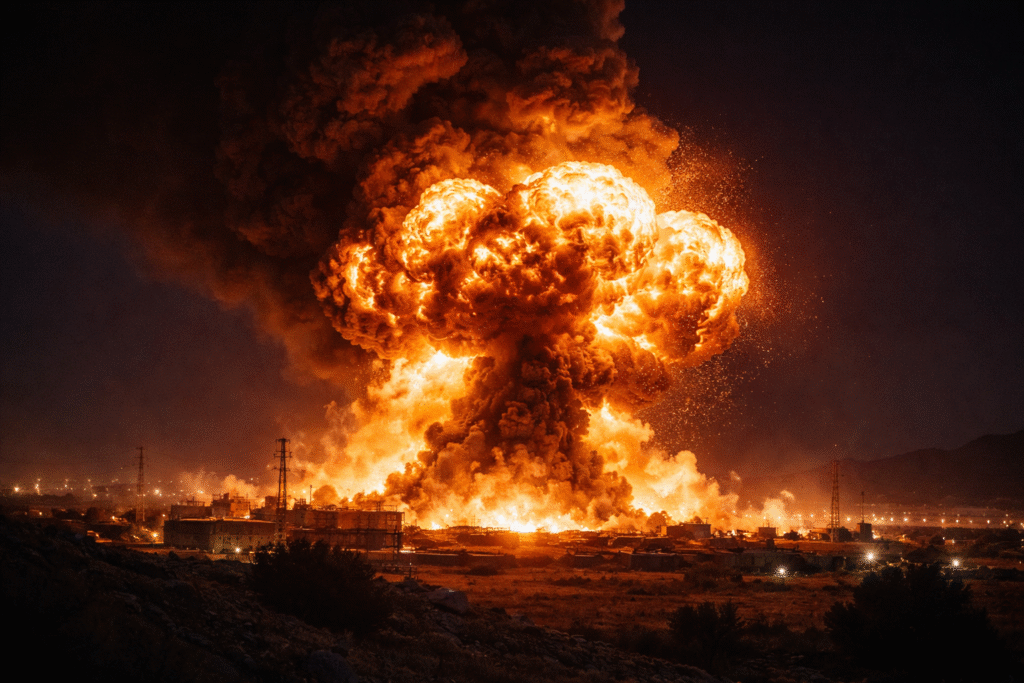 A large nighttime explosion with a bright fireball and rising smoke plume, symbolizing a powerful strike during ongoing military conflict.