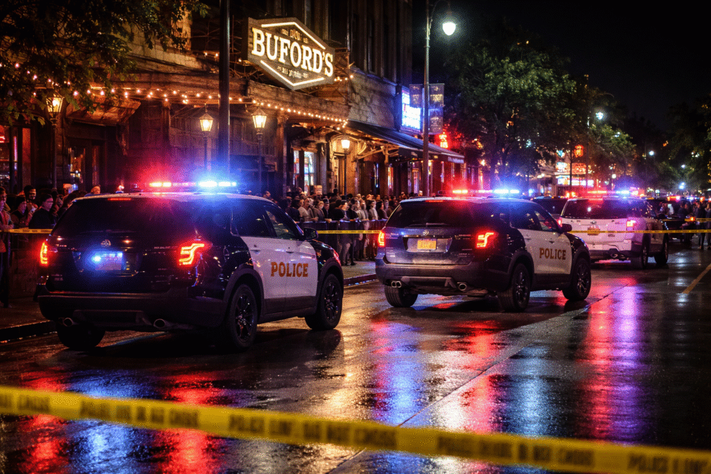 Police cars with flashing lights on a city street outside a bar at night, representing the scene of a mass shooting investigation.