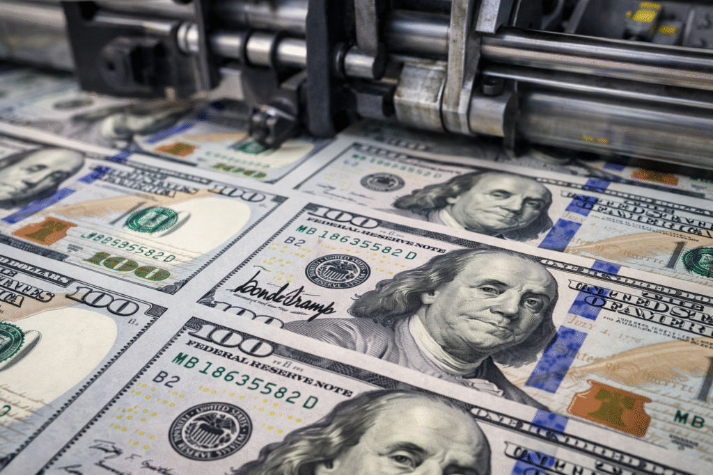 Close-up of U.S. dollar bills and printing process equipment, symbolizing changes to currency design and signatures.