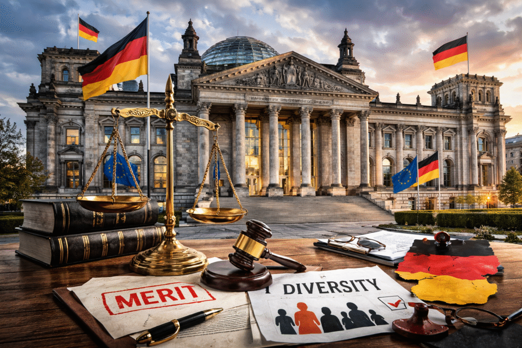 Modern courthouse building with a scales of justice statue in the foreground, symbolizing legal hiring debates and judicial selection policies.