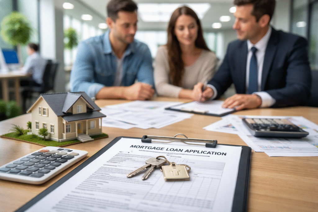 Mortgage consultation in a modern bank office with a couple reviewing loan documents, house model, calculator, and keys on a desk.