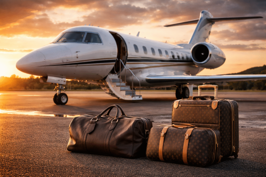 Private jet parked on a runway at sunset with luxury luggage in the foreground, symbolizing wealthy individuals relocating and shifting global assets.