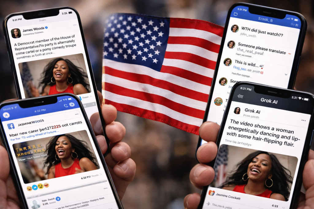 Multiple smartphones displaying social media posts and reactions surrounding a political video, with a U.S. flag centered between the devices in the background