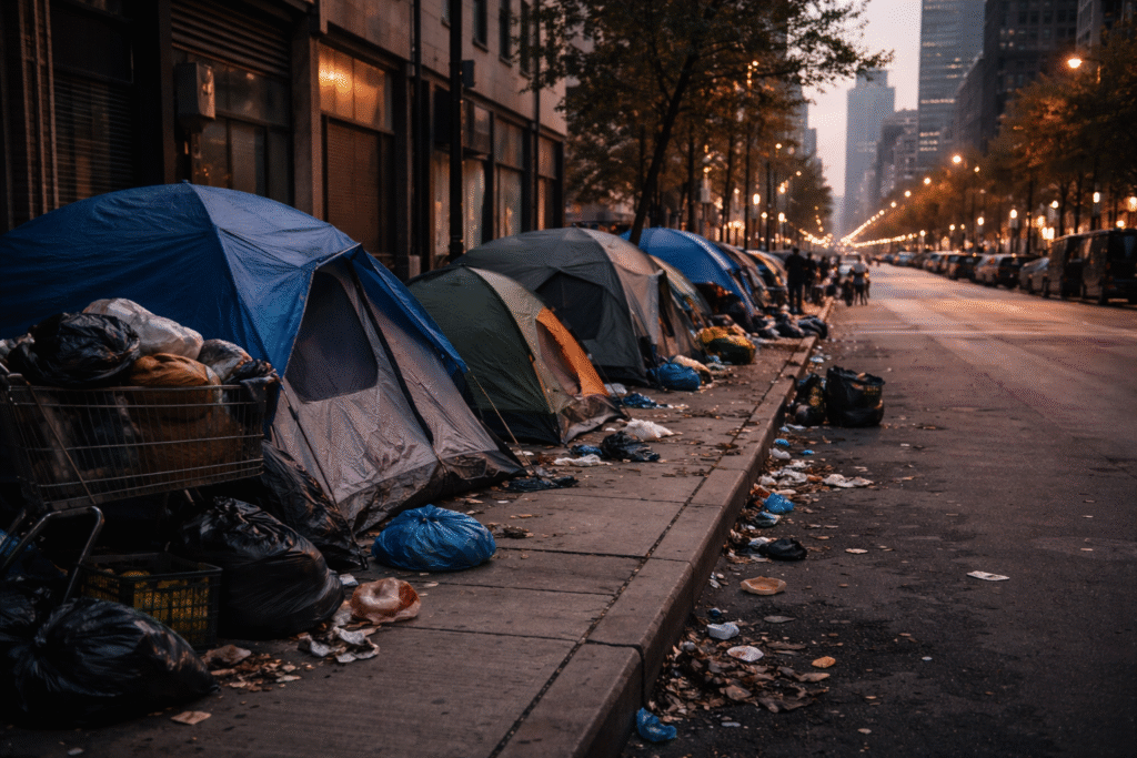 Tents and makeshift shelters lining a city sidewalk, illustrating urban homelessness and housing challenges.