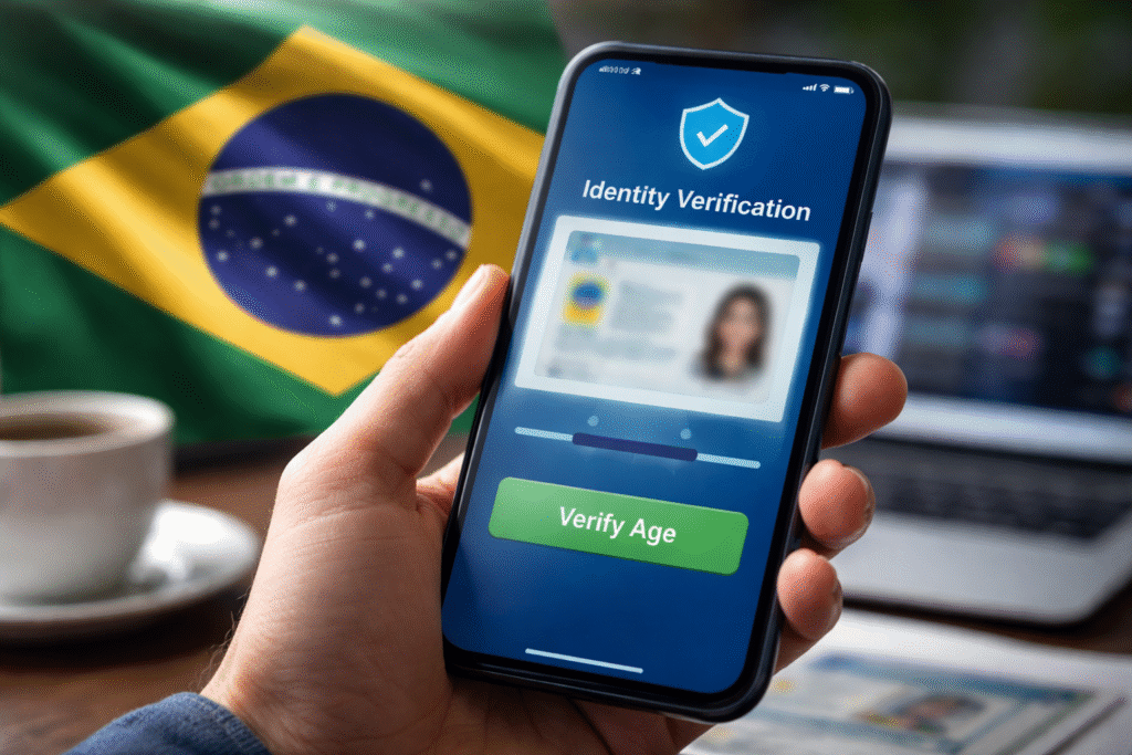 Smartphone showing a digital identity verification process with a blurred ID scan interface, representing age verification requirements for online platforms.