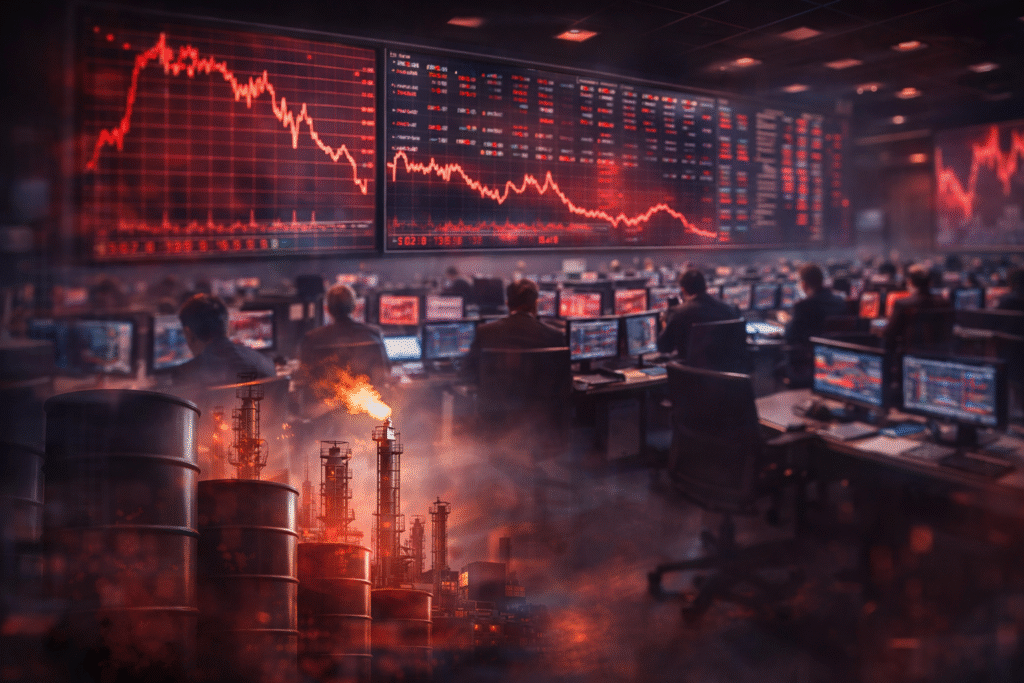 Financial trading floor with market screens showing declines and oil imagery symbolizing rising energy prices impacting stocks.