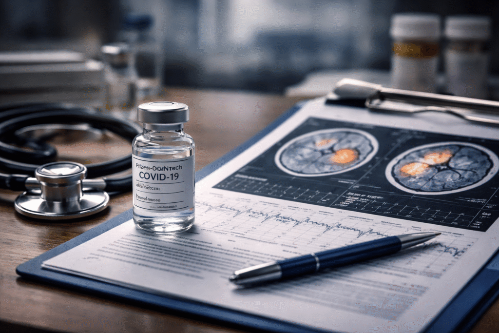 Medical desk with a vaccine vial beside brain scan images and clinical documents, with a stethoscope and pen nearby, representing analysis of potential health risks.