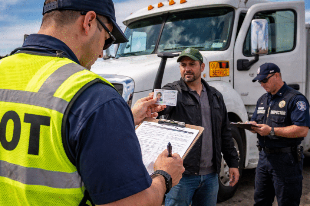 Transportation safety officers inspecting a commercial truck driver’s license during a roadside inspection of a semi-truck.