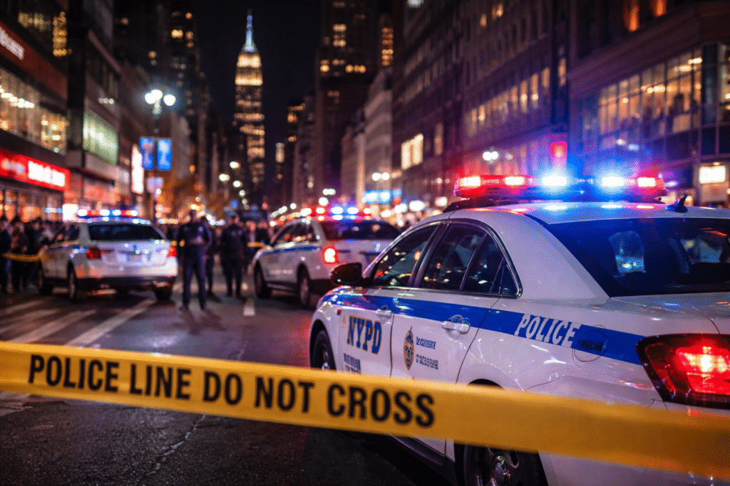 New York City police vehicles with flashing lights on a Manhattan street at night during a security response.