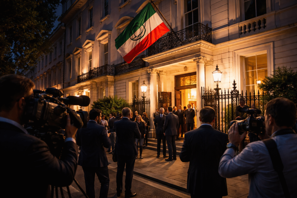 Exterior of an embassy building in London during an evening diplomatic reception with journalists and officials gathered outside.
