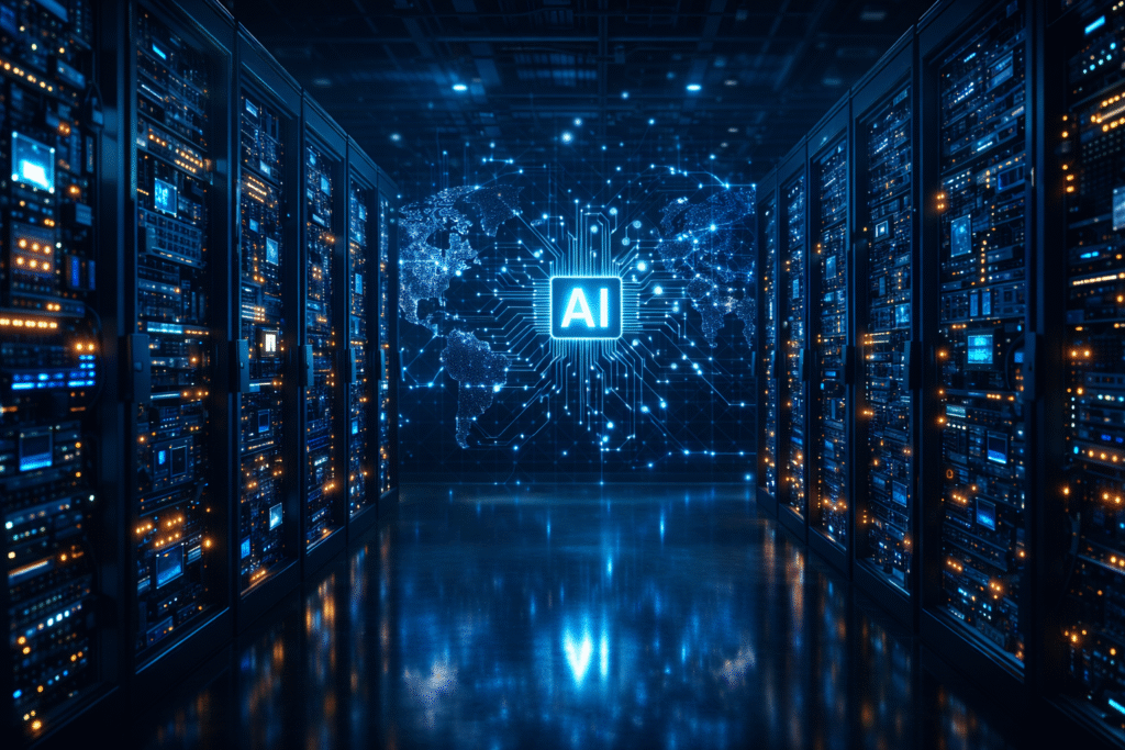 Modern artificial intelligence data center with rows of illuminated server racks representing global competition in AI technology.