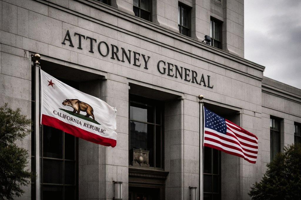 Exterior view of the California Attorney General’s office building with the California flag and U.S. flag flying outside, symbolizing state legal authority and controversy.