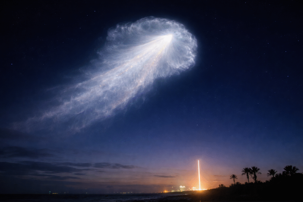 Glowing jellyfish-shaped cloud formed by a rocket exhaust plume expanding in the upper atmosphere against the night sky after a launch.