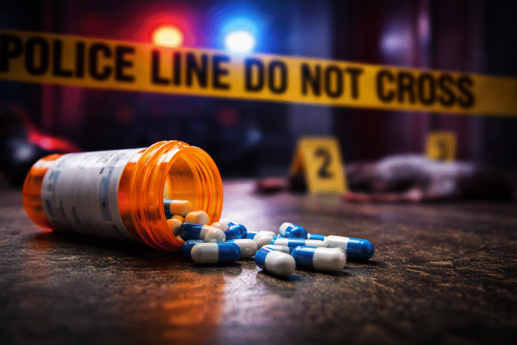 Prescription pill bottle spilled on a table with capsules scattered in front of blurred police lights and crime scene tape in the background.