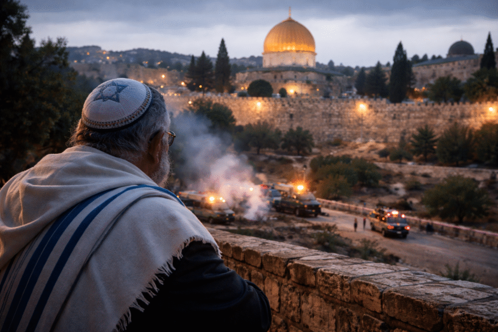 Jewish man wearing a kippah overlooks Jerusalem’s Old City as emergency vehicles respond near the Temple Mount, with the Dome of the Rock illuminated in the background at dusk.