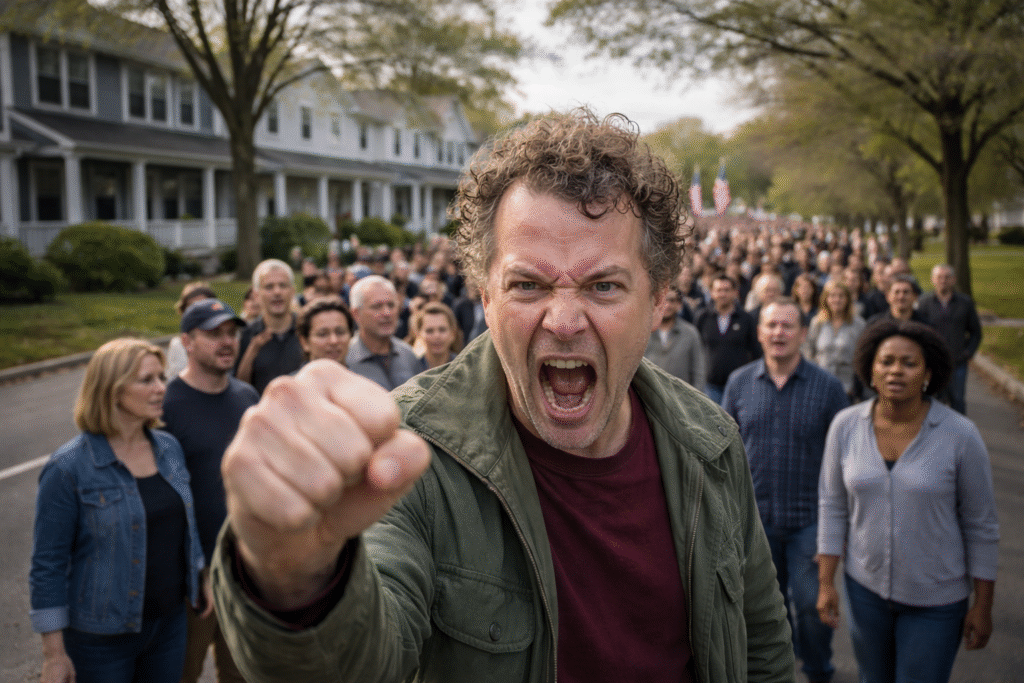 Angry man shouting with clenched fist leading a crowd marching down a suburban street lined with houses and trees