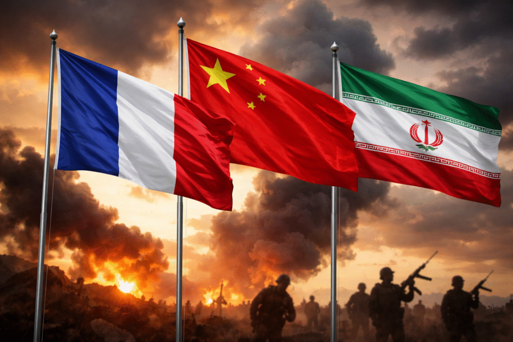 Flags of France, China, and Iran flying on flagpoles against a background of heavy smoke, fire, and silhouetted soldiers in a conflict zone.