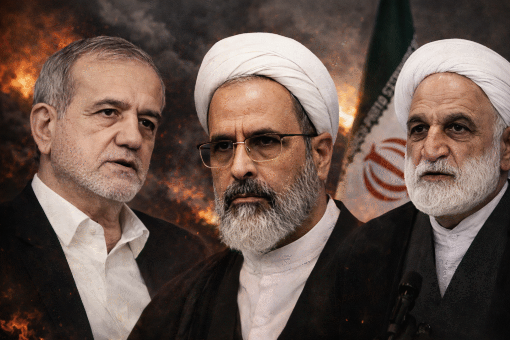 Portrait of three senior Iranian officials positioned side by side against a dark, smoke-filled background with the Iranian flag partially visible behind them.