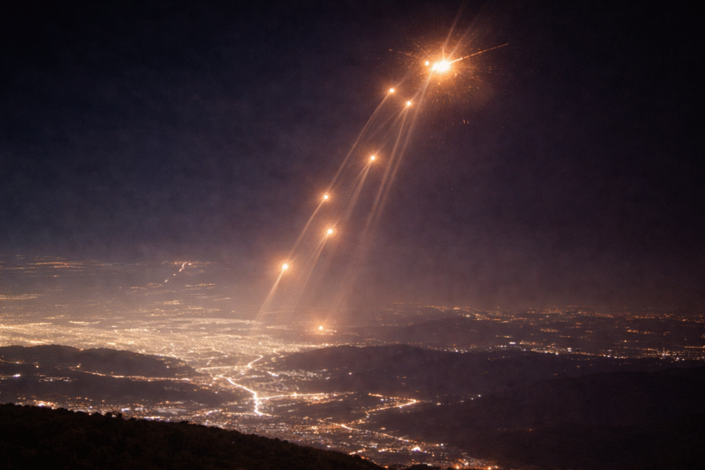 Bright interceptor trails streak upward through the night sky above a large illuminated city as multiple missile interceptions occur high overhead.