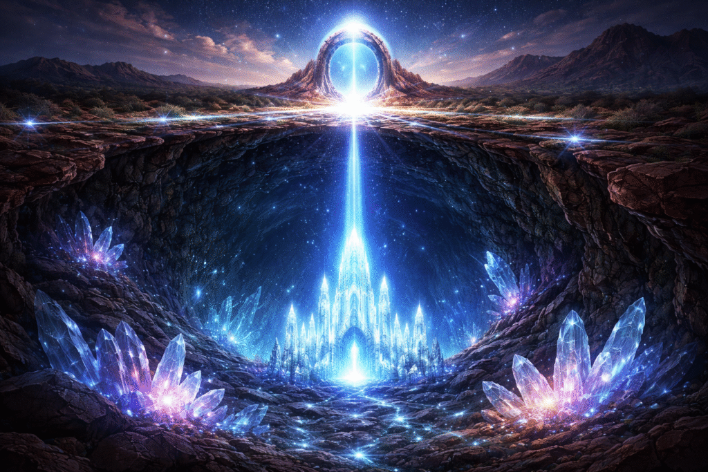 Illustration of a glowing underground crystal city connected by a beam of light to a circular stargate on the surface above, with large crystal formations surrounding the cavern.