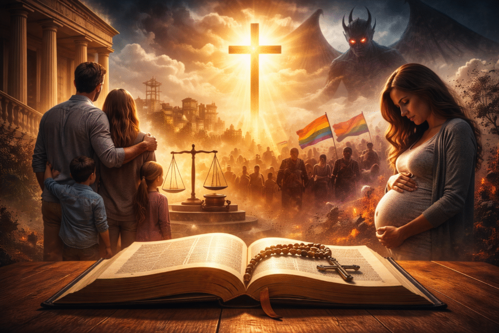 Open Bible on a wooden table with a rosary in the foreground as a radiant cross shines in the sky above a family, while a stormy scene shows cultural conflict and a looming demonic figure in the background.