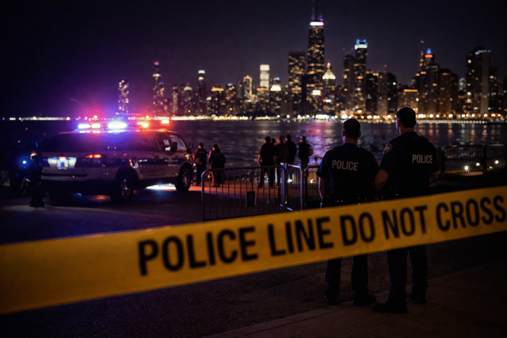 A realistic nighttime urban scene showing police securing a waterfront area with emergency lights in the background and a somber atmosphere following a serious incident.