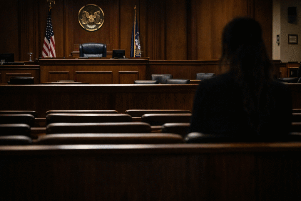 Courtroom scene with judge’s bench and empty seating, representing a high-profile murder trial involving a children’s author.
