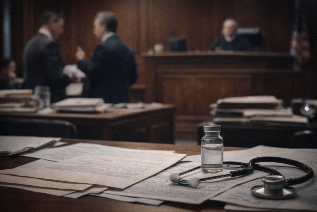 Courtroom setting with legal documents and medical items like a vial and stethoscope, representing legal disputes over vaccine policy.